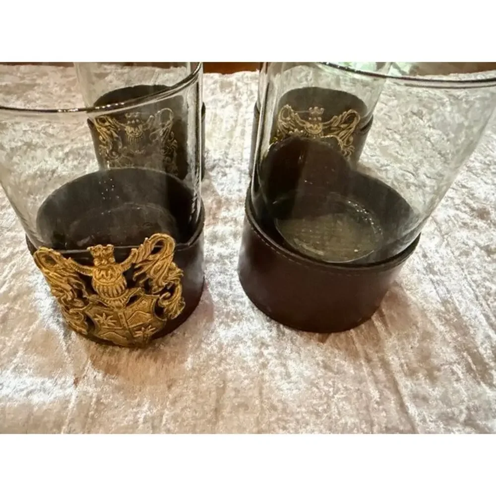 Vintage Leather Bound Rocks Glasses Set of 4 Medieval Shield Man Cave Bar